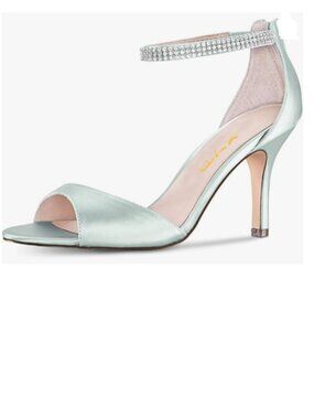 XYD Light Green Open Toe Rhinestones Ankle Strap Sandals Mid Heel Bridal Shoes